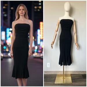 Vintage Elana Kattan Midi Dress Womens S Ruched Mesh Strapless Black 90s Y2K